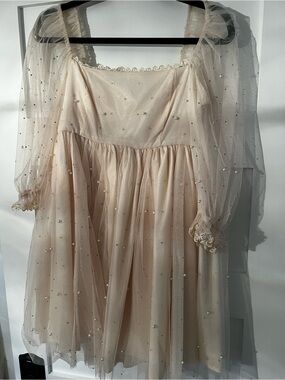 Sheer Beaded Tulle Mini Dress in Blush